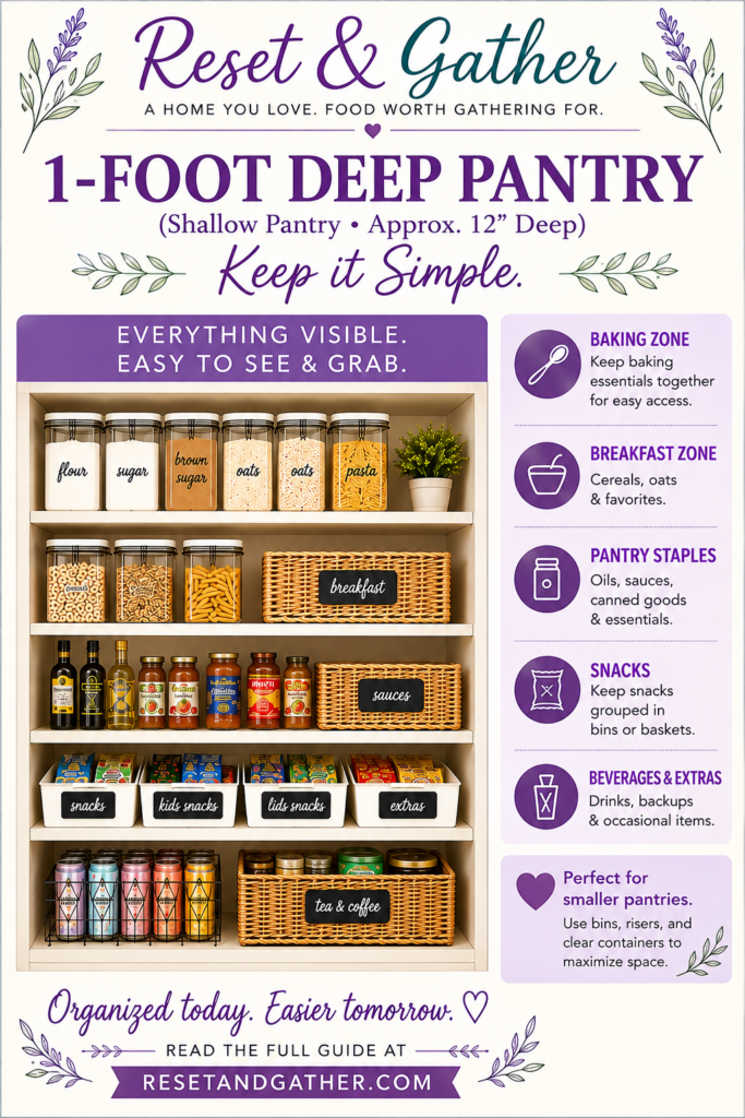 1-foot deep shallow pantry organization with baking, breakfast, pantry staples, snacks and beverage zones