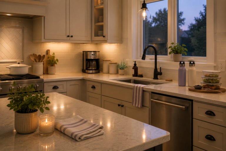 Clean kitchen after a 15-minute evening reset, ready for the next morning