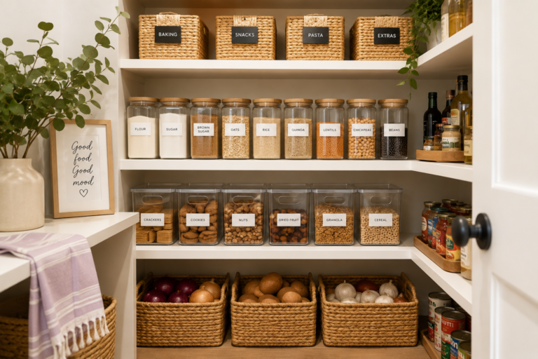 Organized pantry with clear containers, baskets and practical storage zones
