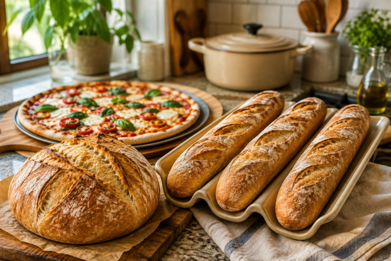 Homemade crusty Dutch oven bread, baguettes and pizza made from easy no-knead dough