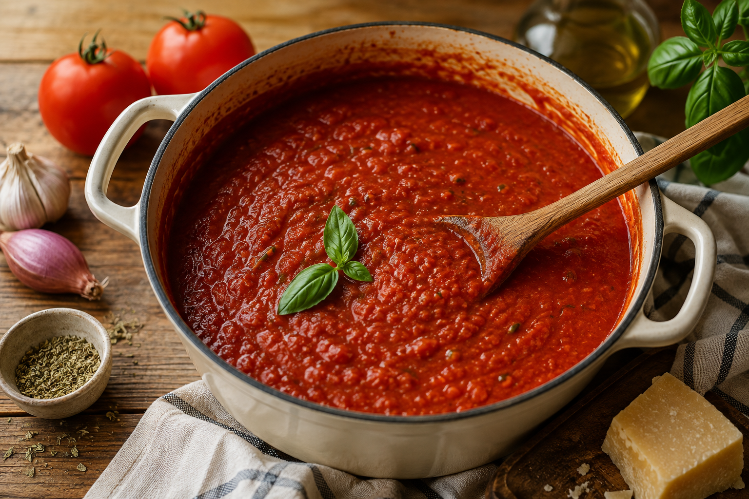Homemade family pasta sauce simmering in a pot with Parmesan, tomatoes and fresh basil