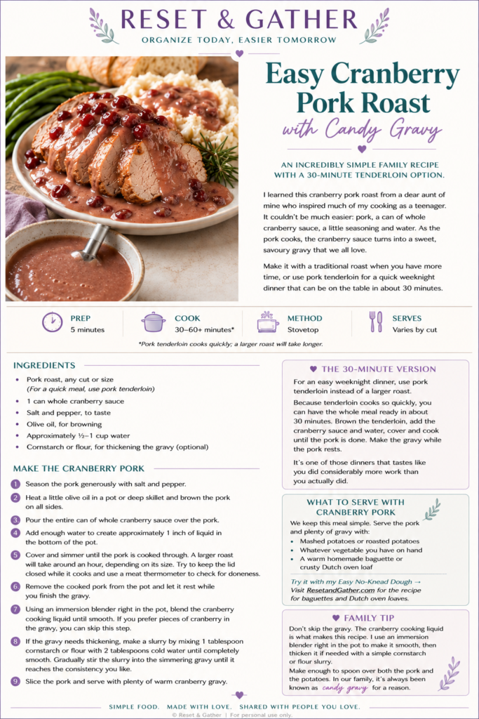     Printable recipe card for easy cranberry pork roast with cranberry gravy and a 30-minute pork tenderloin option