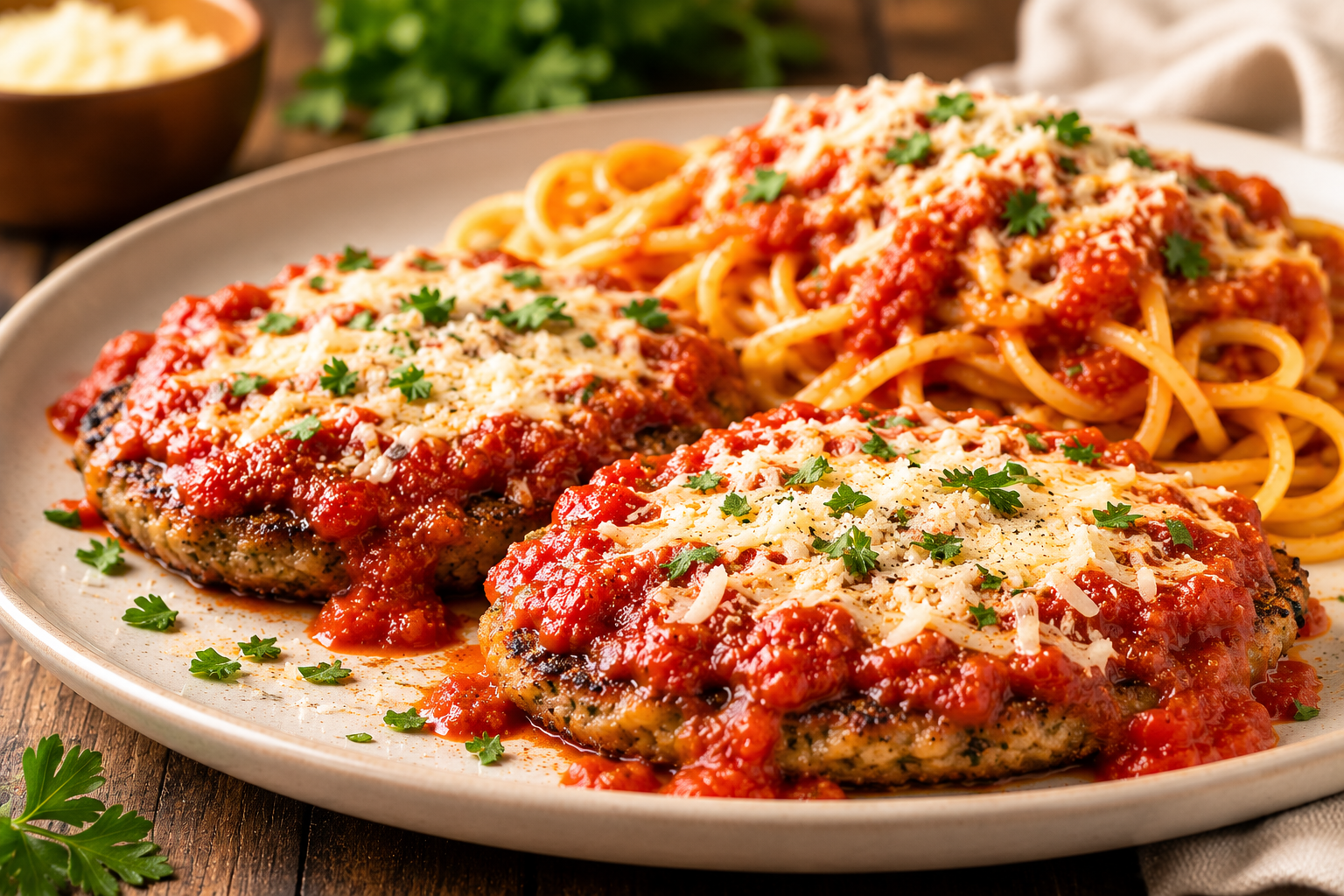 Eggplant and meat patties topped with tomato sauce, mozzarella and Parmesan, served with pasta.